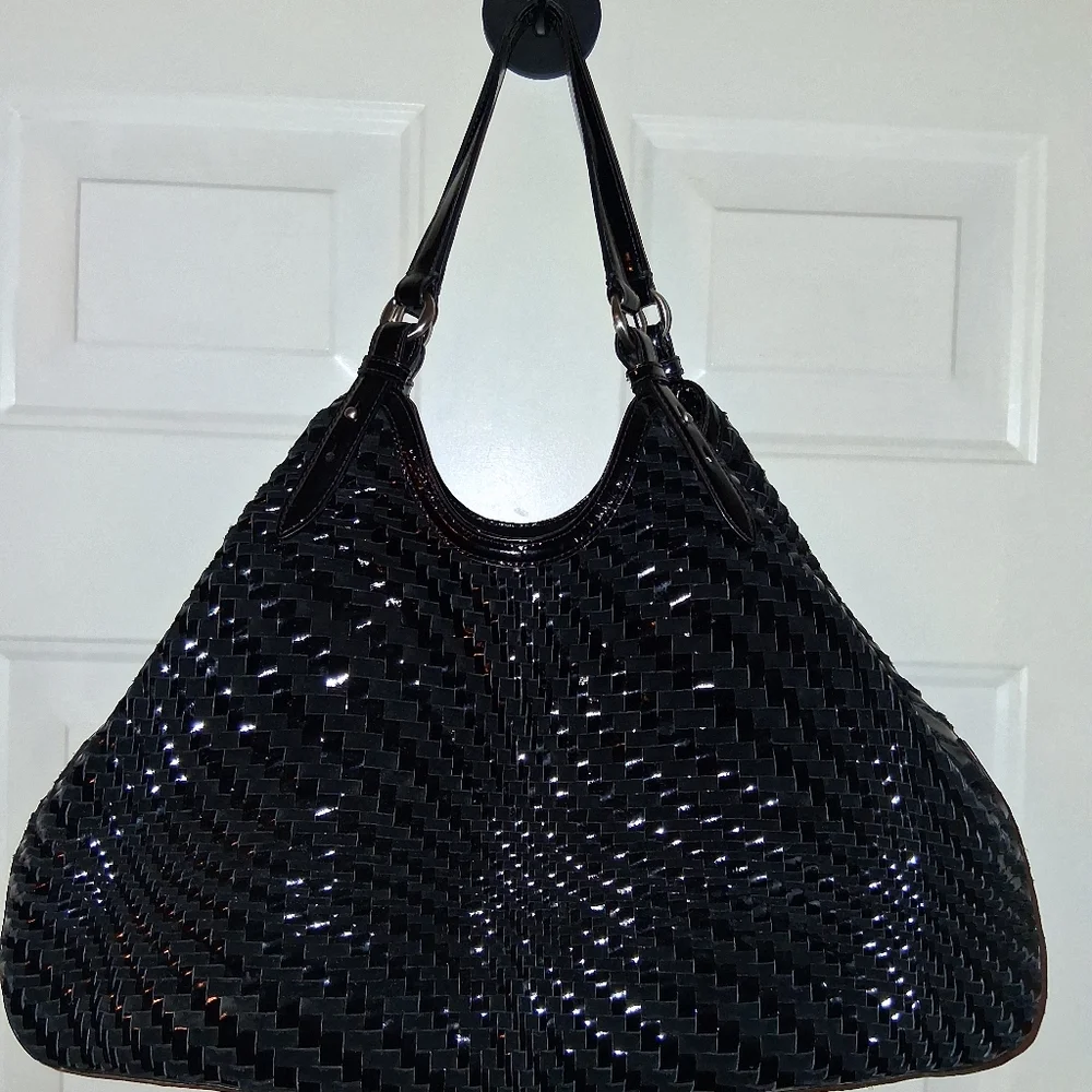 Cole Haan Black Woven Patent Shoulder Tote - Picture 9 of 16